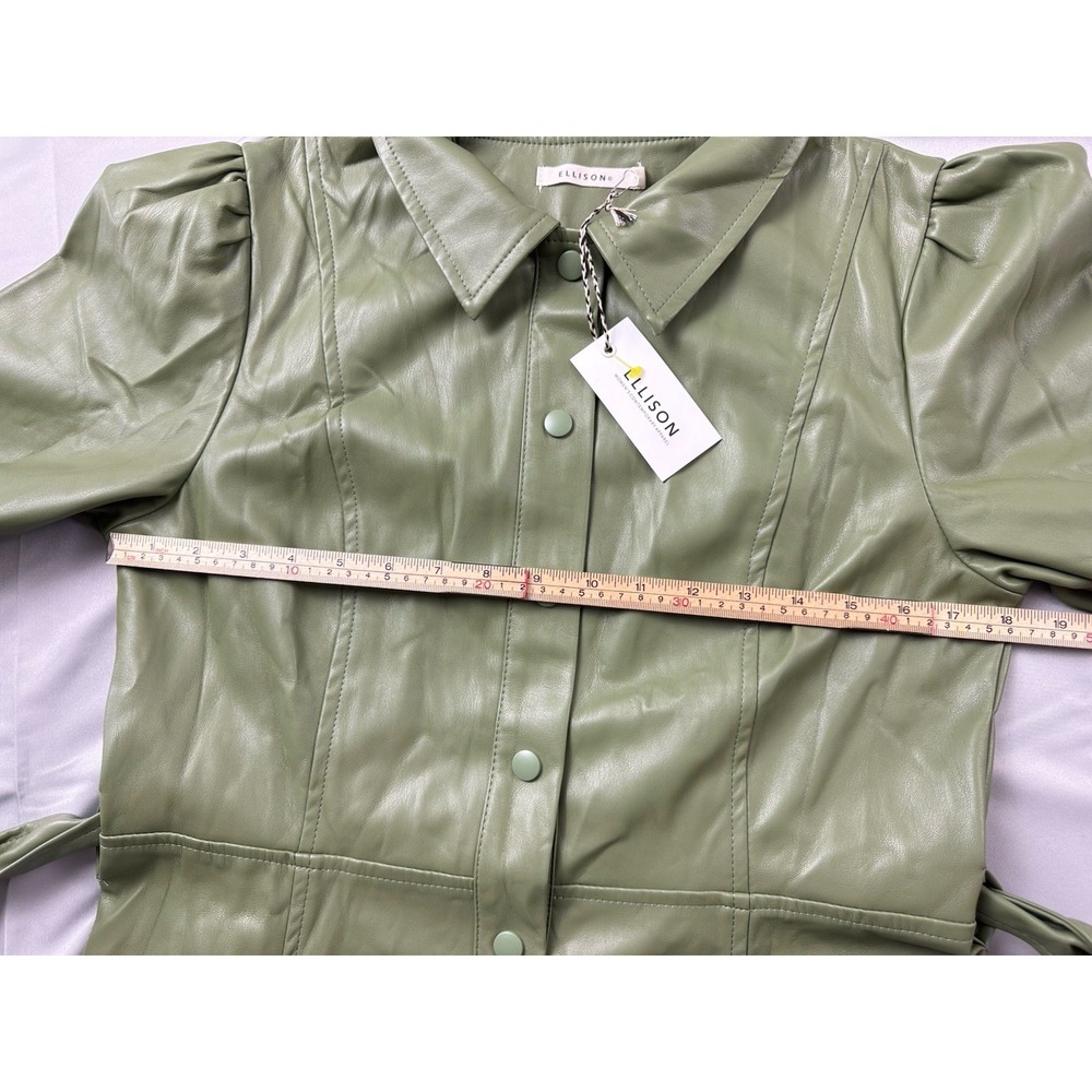 Ellison‎ Faux Leather Dress Sage Green Belted Puff Sleeve Quiet Luxury - Picture 11 of 16